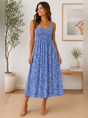 Vince Camuto Blue & White Paisley Smocked Sundress Maxi Dress XL